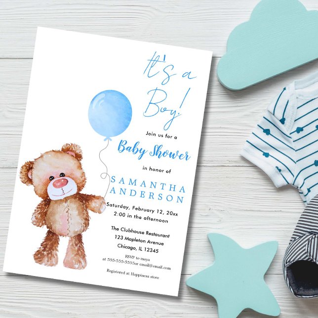 Minimalistischer Bär "Sein Junge!" Babyparty Einladung (Modern Teddy Bear Boy Baby Shower Invitation, Its a Boy)