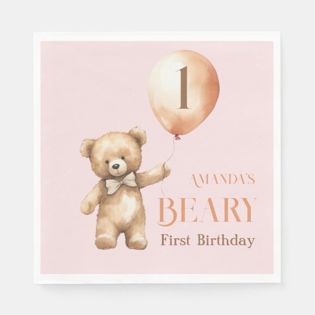 Minimalistischer Bärenrosa Girl Beary 1. Geburtsta Serviette (Vorderseite)