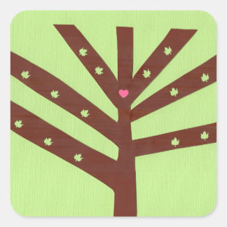 Minimalistischer Baum mit rosa Herz und Blättern Quadratischer Aufkleber