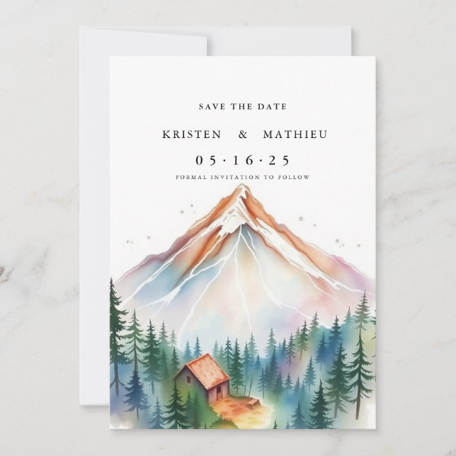 Minimalistischer bearbeitbarer Berg Save The Date (Vorderseite)