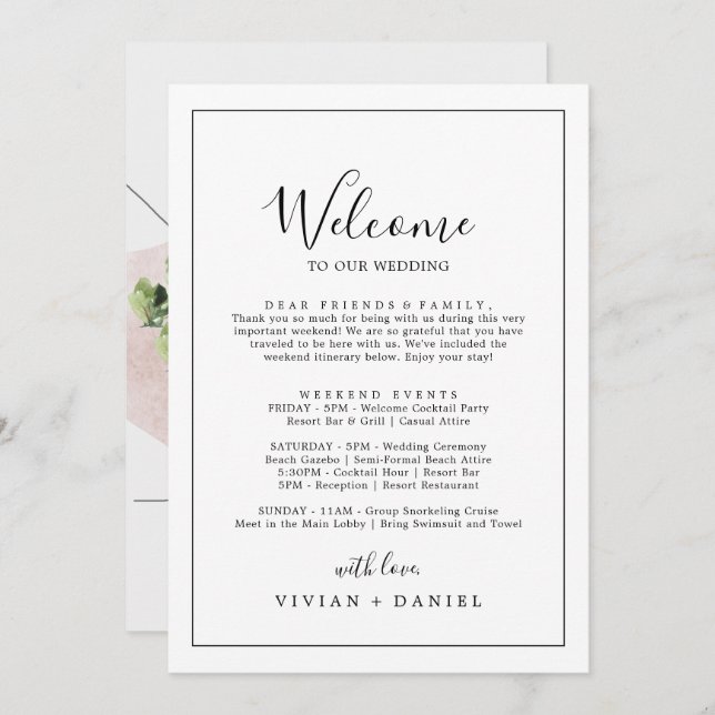 Minimalistischer Begrüßungsbrief - Reise und Karte (Vorne/Hinten)