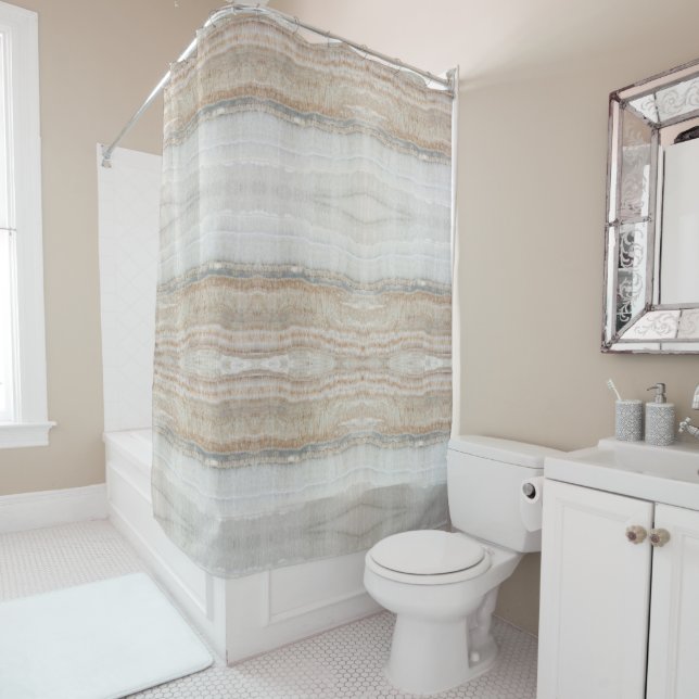 Minimalistischer, beige-weißer Marmor mit modernem Duschvorhang (Beispiel)