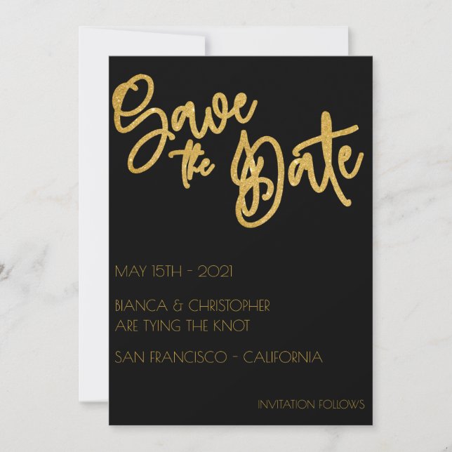 Minimalistischer Black & Gold Glitzer Hochzeit Art Save The Date (Vorderseite)