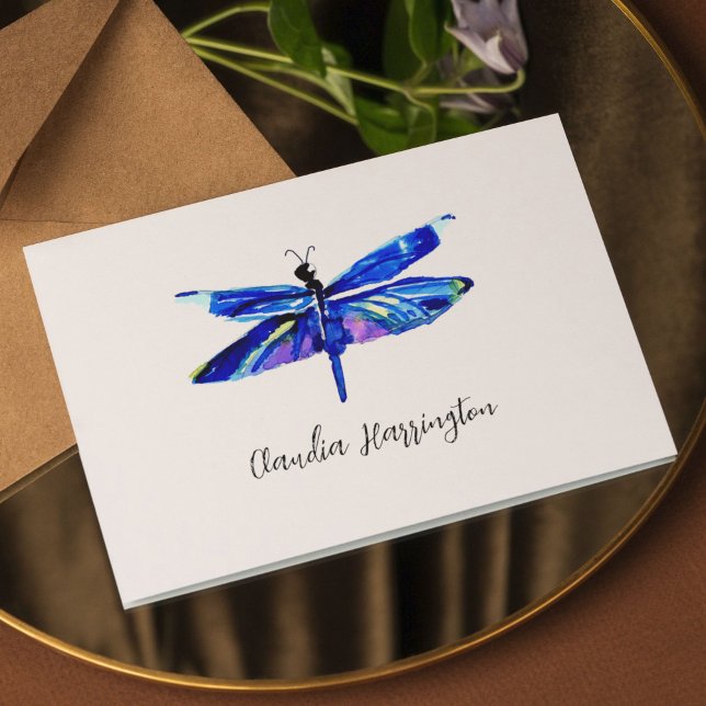 Minimalistischer Blaue Libelle Elegante Natur Insp (Your personalization goes beneath the dragonfly in chic script typography.)