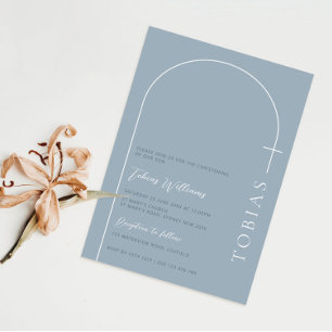 Minimalistischer Bogen Kreuz blau Taufe Einladung