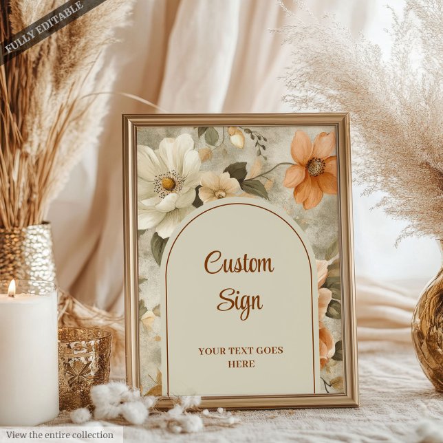 Minimalistischer Boho verbranntes Orange Elfenbein Poster (Minimalist Boho Burnt Orange Ivory Sage Floral Custom Sign

)