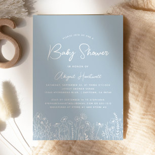 Minimalistischer Boho-Wildblumen-Staubblauer Baby- Einladung