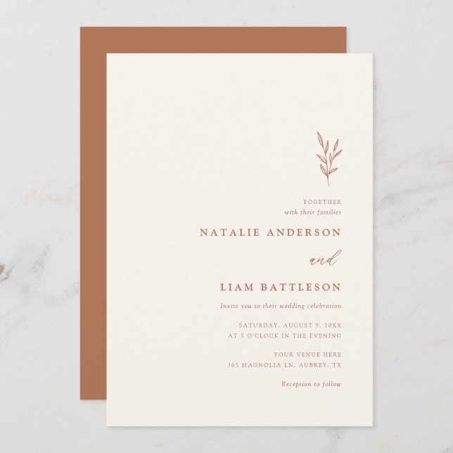 Minimalistischer botanischer Burnt Orange Wedding  Einladung (Vorne/Hinten)