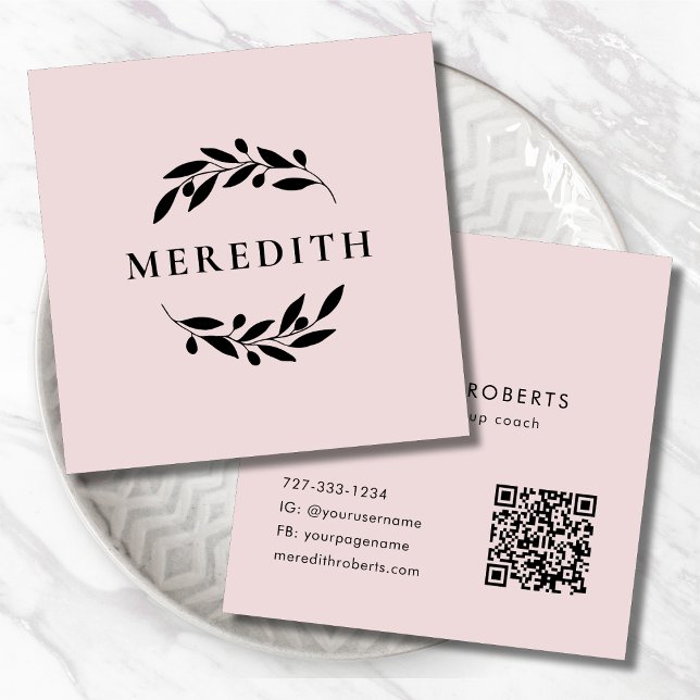 Minimalistischer botanischer QR-Code Rosa Quadratische Visitenkarte (Minimalist Botanical Olive Branches QR Code Blush Pink Square Business Card)