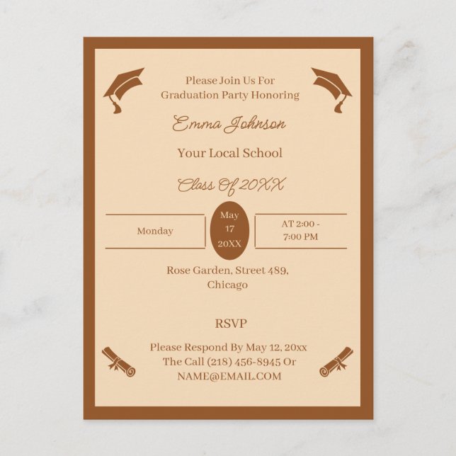 Minimalistischer brauner und beigefarbener Abschlu Ankündigungspostkarte (Vorderseite)