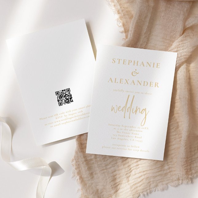 Minimalistischer Champagner Gold QR Code Hochzeit Einladung (Von Creator hochgeladen)