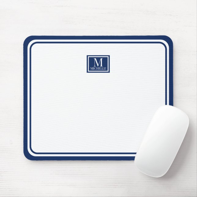 Minimalistischer Chic Navy Blaues Monogramm Doppel Mousepad (Mit Mouse)