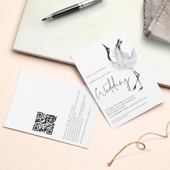 Minimalistischer Crane Bird QR Code Hochzeit Einladung (Von Creator hochgeladen)
