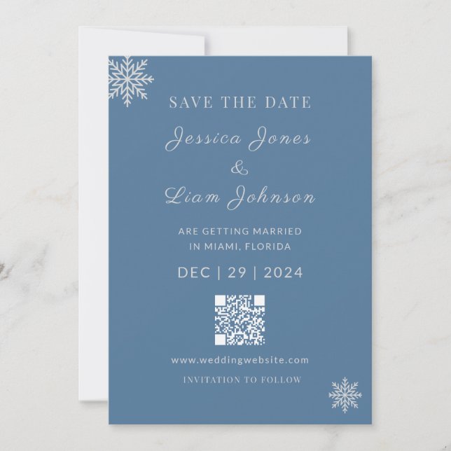 Minimalistischer Dusty Blue Silver Winter WeddingQ Save The Date (Vorderseite)