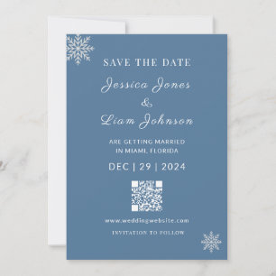 Minimalistischer Dusty Blue White Winter WeddingQR Save The Date