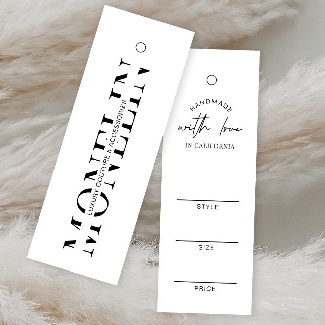 Minimalistischer Einfach-Bekleidungspreis Schwarz  (Simple white with black text clothing tag design with space for your brand name or logo)