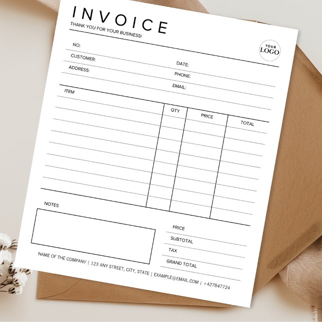 Minimalistischer Eingang kundenspezifischer Rechnu Notizblock (Custom Invoice Small Business Minimalist Receipt Professional Black & White with Logo)