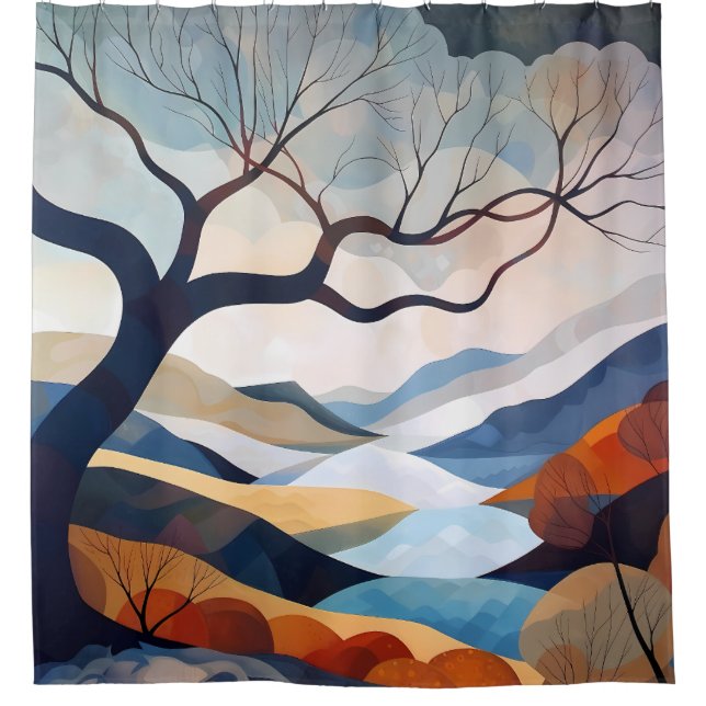 Minimalistischer Einzelbaum Landschaft Kunst, Dich Duschvorhang (Vorderseite)