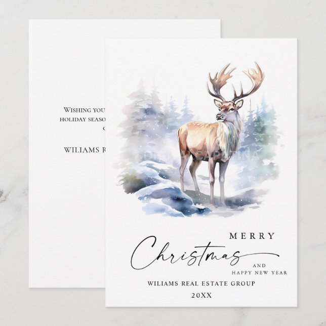 Minimalistischer Eleganter Hirschbaum Feiertagskarte (Vorne/Hinten)