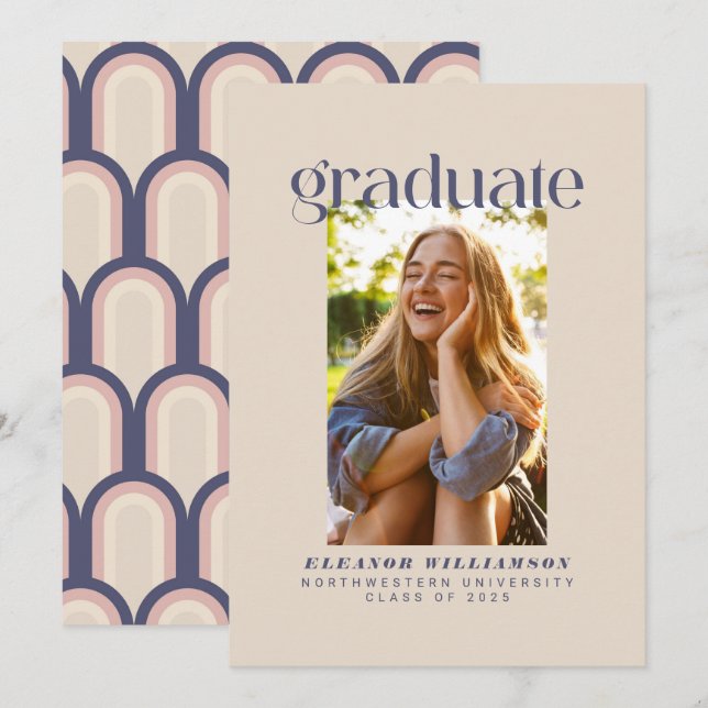 Minimalistischer eleganter Retro Blush Foto Abschl Ankündigung (Vorne/Hinten)