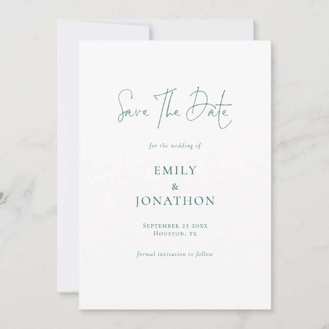 Minimalistischer Emerald Green Writing QR Code Wed Save The Date (Vorderseite)