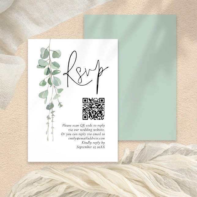 Minimalistischer Eukalyptus QR-Code Hochzeit RSVP Begleitkarte (Front and back view)