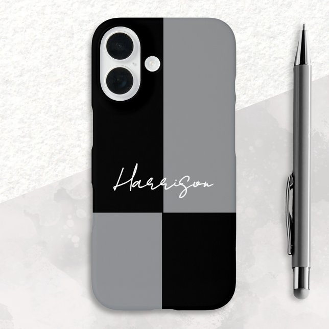 Minimalistischer Farbblock Grauer schwarzer Indivi Case-Mate iPhone Hülle (A phone case with black and gray color block design, with custom name in white script typography)