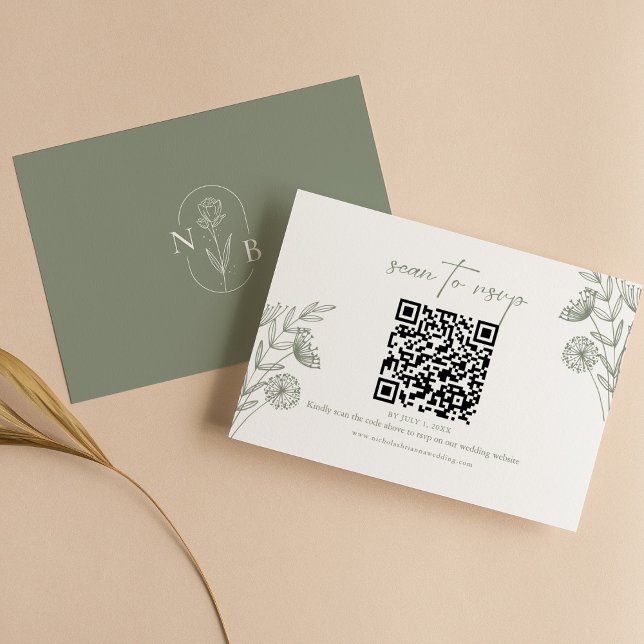 Minimalistischer floral Boho Sage Green Wedding QR RSVP Karte (Von Creator hochgeladen)