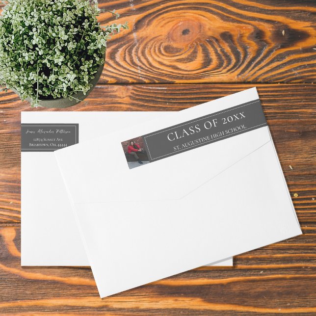 Minimalistischer Foto Abschluss | Graue Adresse (Gray Minimalist Photo Graduation Address Wrap Around Label)