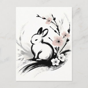 Minimalistischer Frühling Zen Hase Kirschblüten Feiertagspostkarte
