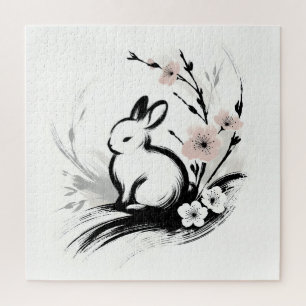 Minimalistischer Frühling Zen Kaninchen Kirschblüt Puzzle