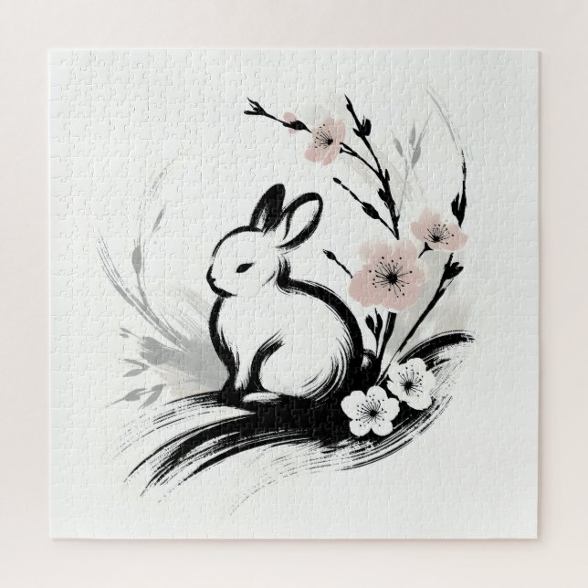 Minimalistischer Frühling Zen Kaninchen Kirschblüt Puzzle (Vertikal)