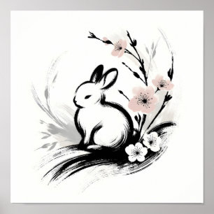 Minimalistischer Frühlings-Zen-Hase Kirschblüten Poster