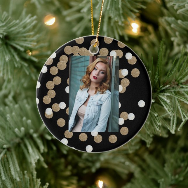 Minimalistischer Glitzer, schwarzer Champagnergold Keramik Ornament (Baum)