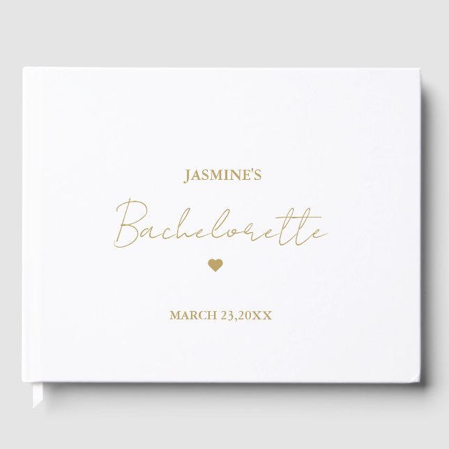Minimalistischer Gold Script-Junggeselinnen-Abschi Gästebuch (Vorderseite)