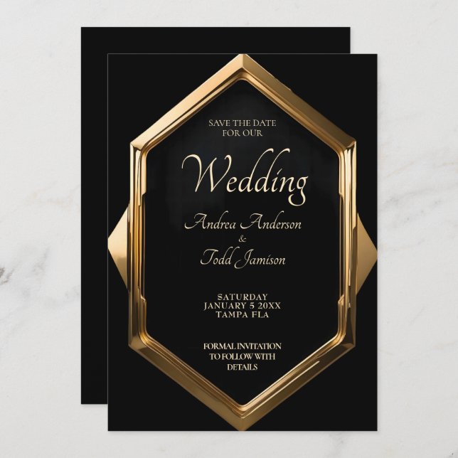 Minimalistischer Goldrahmen mit schwarzem Hintergr Save The Date (Vorne/Hinten)