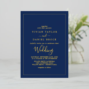 Minimalistischer Goldstreifen   Blue Wedding Folieneinladung