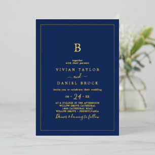 Minimalistischer Goldstreifen   Navy Blue Monogram Folieneinladung