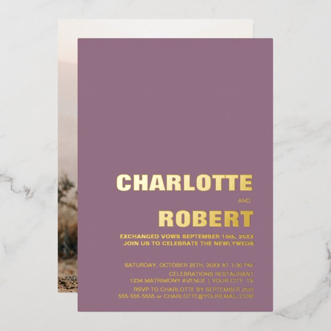 Minimalistischer Goldtext-Dusty-Rose Hochzeitsempf Folieneinladung (Vorderseite/Rückseite)