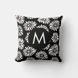 Minimalistischer Groovy Schwarz-Weiß-Daisy-Monogra Kissen