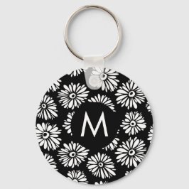 Minimalistischer groovy Schwarz-Weiß-Daisy-Monogra Schlüsselanhänger