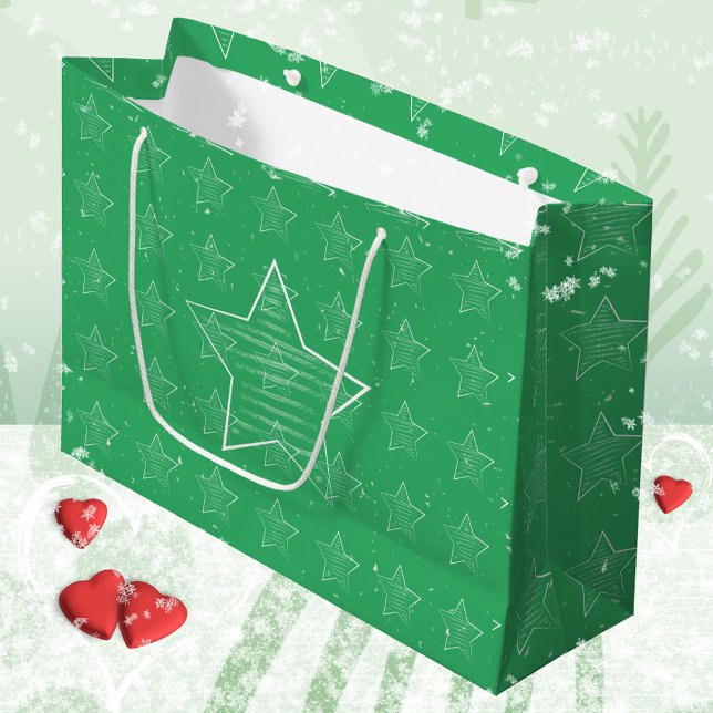 Minimalistischer 🌟 große geschenktüte (Zazzle Minimalist Green 🌟 Stars Snow Large Gift Bag ©Susanne Sachers - Sunny Mind Design)