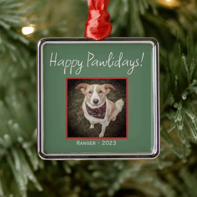 Minimalistischer grüner Happy Pawlidays Urlaub Ornament Aus Metall (Baum)