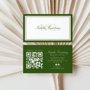 Minimalistischer grüner Zweirand-Monogramm mit QR- Visitenkarte