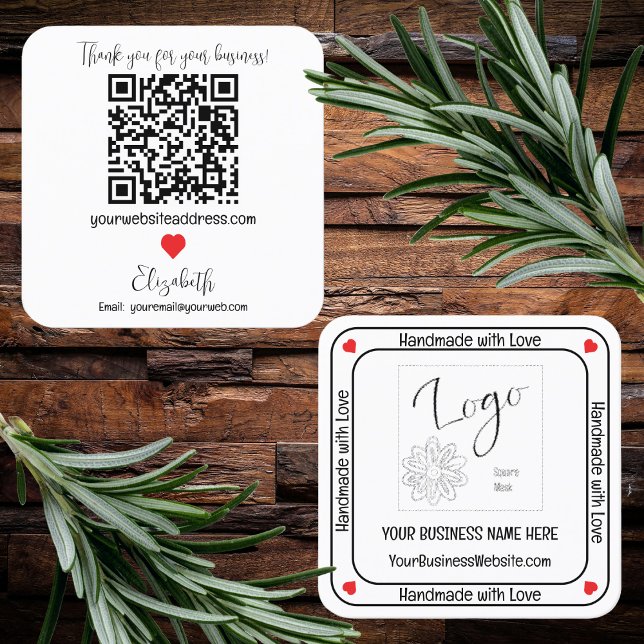 Minimalistischer Handling mit QR-Code für Lieben Quadratische Visitenkarte (Minimalist "Handmade With Love" Business QR Code Square Business Card - White)