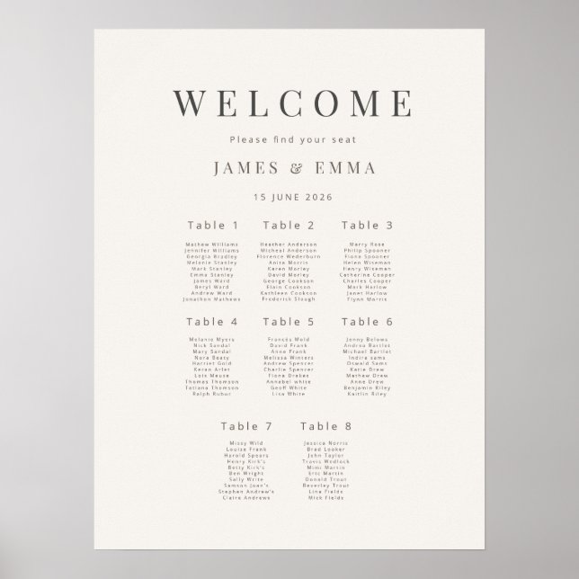 Minimalistischer Hochzeits-Sitzplan (8) Warmweiß Poster (Vorne)