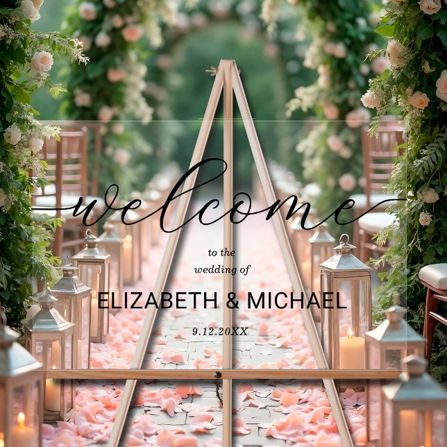 Minimalistischer Hochzeitsempfang Acrylschild (Minimalist wedding welcome acrylic sign with chic black lettering)