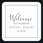Minimalistischer Hochzeitsempfang Quadratischer Aufkleber<br><div class="desc">Diese minimalistischen Begrüßungsaufkleber sind perfekt für eine einfache Hochzeit. Das moderne romantische Design besticht durch klassische schwarz-weiße Typografie gepaart mit einer rustikalen und eleganten Kalligraphie mit Vintagem handgeschriebenem Stil. Anpassbar in jeder Farbe. Behalt das Design einfach und elegant, wie es ist, oder personalisiere es durch Hinzufügen von eigenen Grafiken und...</div>