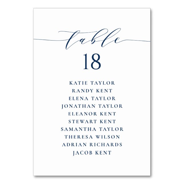 Minimalistischer Hochzeitsplan für Navy Blue Tischnummer (Vorderseite)