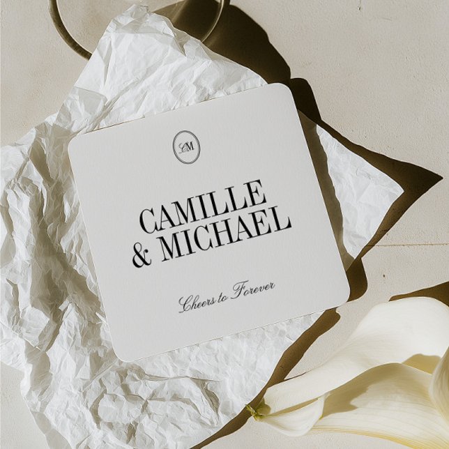 Minimalistischer Hochzeitsuntersetzer mit Monogram Rechteckiger Pappuntersetzer (Minimalist Wedding Coaster Monogram Drink Coaster)
